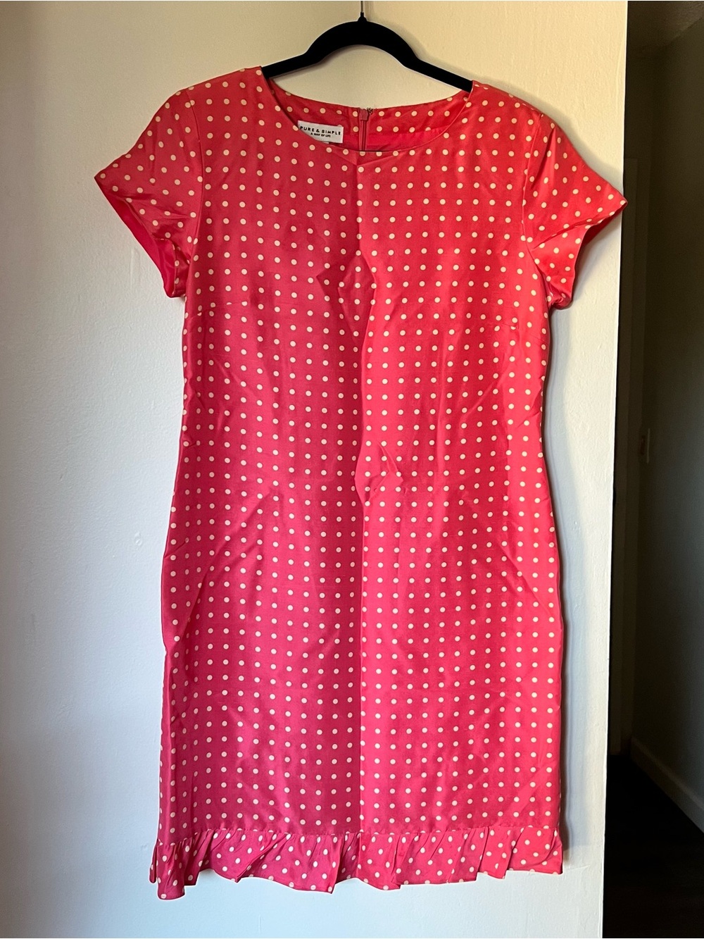 Pure simple vtg Silk Pink Polka Dot Shift Dress with Ruffle Hem size 8